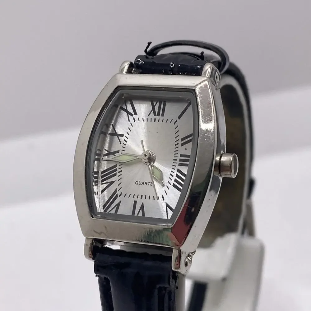 Womens Black Leather Silver Watch New Battery